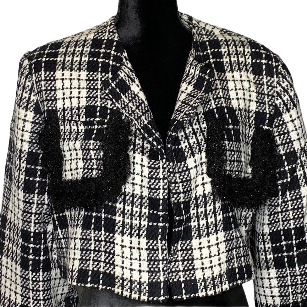 Black & White Silk Cropped Bolero Jacket Plaid Grid Texture Front Pockets Size L
